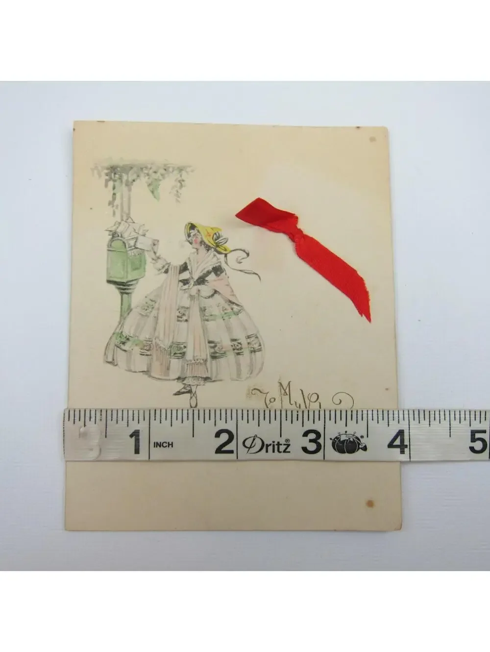 Valentine Card Lady 1850s Dress & Hat Antique Mailbox Die cut Bifold Red Ribbon